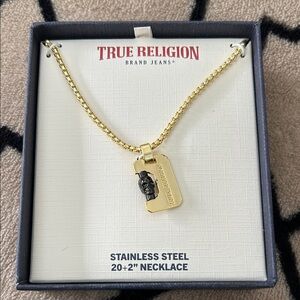 True Religion Necklace stainless steel gold chain |dog tag and black skull NWT